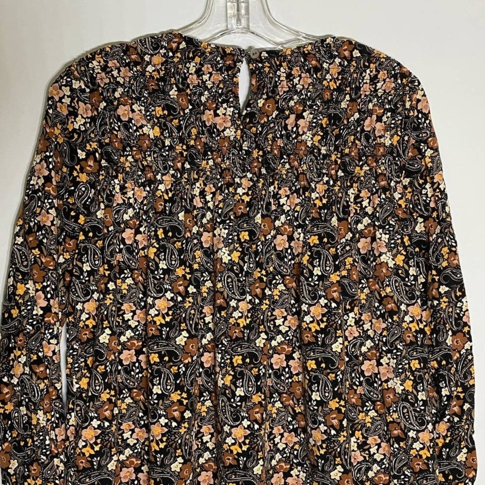 J. Jill Womens Floral Paisley Smocked Long Sleeve Blouse Black Brown Petite S - Picture 9 of 12